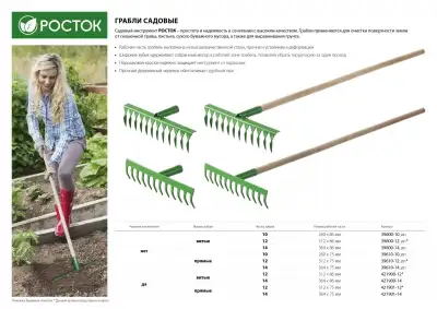 РОСТОК 14 витых зубьев, 430x100x1500 мм, грабли садовые, с деревянным черенком наличный и безналичный расчет