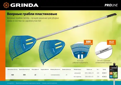 Веерные грабли пластиковые GRINDA PROLine PP-23 ALU 23 зубца 500 х 50 х 1680 мм алюминиевый черенок наличный и безналичный расчет