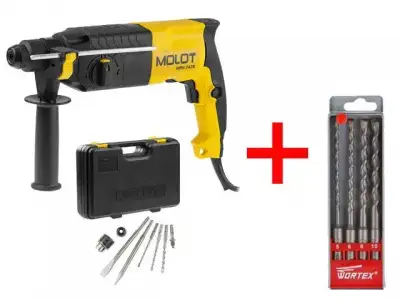 Перфоратор MOLOT MRH 2428 в чем. + (2 зубила, 3 сверла) + АКЦИЯ! Набор буров Wortex в подарок! (Набор буров (сверл) SDS-plus 4 шт. WORTEX в подарок!) наличный и безналичный расчет