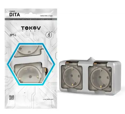 Розетка 2-м ОП Dita 16А IP54 250В с заземл. с прозр. крышкой сер.TOKOV ELECTRIC TKL-DT-R2Z-C06T-IP54 наличный и безналичный расчет