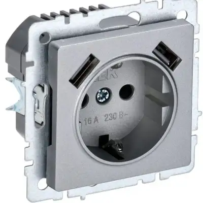 Розетка BRITE РЮш10-2-БрА 16А с USB A+A 3.1А с заземл. защ. шторки алюм. IEK BR-R14-16-U21-D31-K47 наличный и безналичный расчет