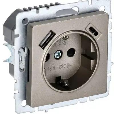 Розетка BRITE РЮш11-1-БрШ 16А с USB A+C 18Вт с заземл. защ. шторки шампань IEK BR-R14-16-U22-018-K37 наличный и безналичный расчет
