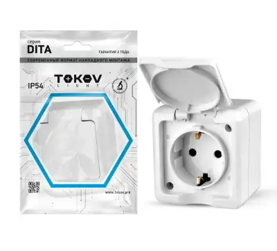 Розетка 1-м ОП Dita 16А IP54 250В с заземл. с крышкой бел. TOKOV ELECTRIC TKL-DT-R1Z-C01-IP54 наличный и безналичный расчет
