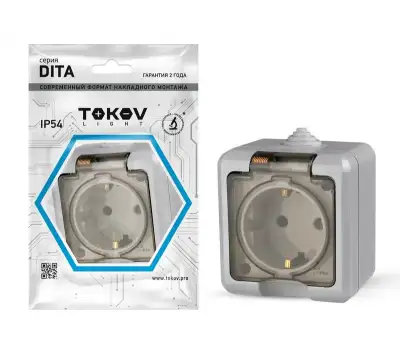 Розетка 1-м ОП Dita 16А IP54 250В с заземл. с прозр. крышкой сер. TOKOV ELECTRIC TKL-DT-R1Z-C06T-IP54 наличный и безналичный расчет