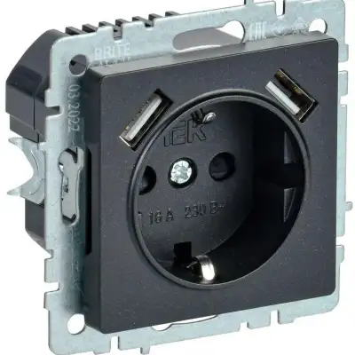 Розетка BRITE РЮш10-2-БрЧ 16А с USB A+A 3.1А с заземл. защ. шторки черн. IEK BR-R14-16-U21-D31-K02 наличный и безналичный расчет