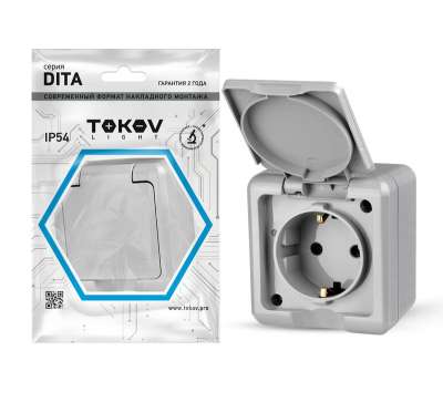 Розетка 1-м ОП Dita 16А IP54 250В с заземл. с крышкой сер. TOKOV ELECTRIC TKL-DT-R1Z-C06-IP54 наличный и безналичный расчет