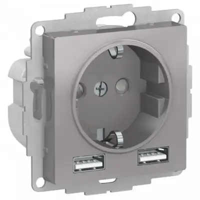 Розетка 1-м СП AtlasDesign 16А IP20 с 2-мя заряд. устройствами USB тип A+A 5В/2.4А 2х5В/1.2А механизм алюм. SE ATN000330 наличный и безналичный расчет
