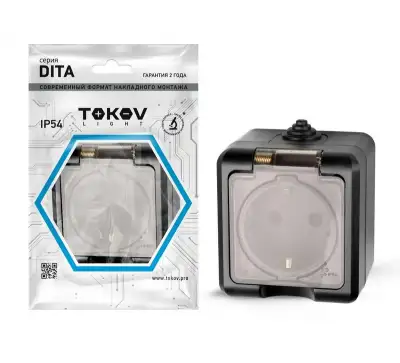 Розетка 1-м ОП Dita 16А IP54 250В с заземл. с прозр. крышкой карбон TOKOV ELECTRIC TKL-DT-R1Z-C14T-IP54 наличный и безналичный расчет