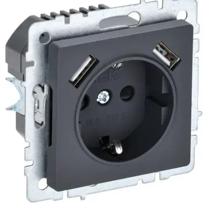 Розетка BRITE РЮш10-1-БрГ 16А с USB A+A 2.1А с заземл. защ. шторки графит IEK BR-R14-16-U21-D21-K53 наличный и безналичный расчет