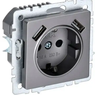 Розетка BRITE РЮш10-1-БрС 16А с USB A+A 2.1А с заземл. защ. шторки сталь IEK BR-R14-16-U21-D21-K46 наличный и безналичный расчет