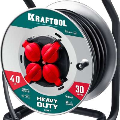 KRAFTOOL КГ 3х2.5 30м 4000Вт IP44, HEAVY DUTYСиловой удлинитель на стальной катушке (55086-30) наличный и безналичный расчет