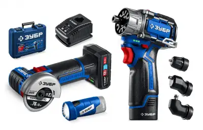 ЗУБР набор: дрель-шуруповерт + мини УШМ + LED фонарь, 12 В, 45 Н·м, 2 АКБ тип Т7 (4 и 2 А·ч), кейс, Профессионал (DB-125-42ABF) наличный и безналичный расчет