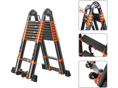 Лестница телескопическая 2-х секц. алюм. 290/580см, 2х7 ступ. 19,2кг BLACK LINE STARTUL (ST9932-058) (усиленное шарнирное соединение, ширина ступени 8 наличный и безналичный расчет
