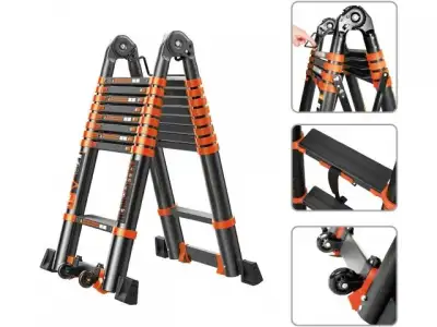 Лестница телескопическая 2-х секц. алюм. 290/580см, 2х7 ступ. 19,2кг BLACK LINE STARTUL (ST9932-058) (усиленное шарнирное соединение, ширина ступени 8 наличный и безналичный расчет