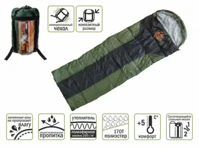 Спальный мешок Coyote Plus, ARIZONE (длина: 190+30 см, ширина: 75 см, состегивается, компрессионный чехол) наличный и безналичный расчет