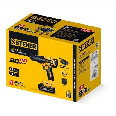 STEHER 20 В, 40 Н·м, 2 АКБ LMS (2 А·ч), ударная дрель-шуруповерт, сумка (CDS-40-22) наличный и безналичный расчет