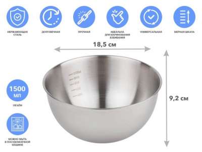 Миска для взбивания из нерж. стали, диаметр 18.5 см, с мерной шкалой, серия CHEF, PERFECTO LINEA (18.5х9.2см., 1500 мл) наличный и безналичный расчет
