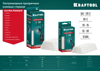 KRAFTOOL Ultra Power, 7 х 150 мм, 16 шт, прозрачные, ультрамощные клеевые стержни (06837-16) наличный и безналичный расчет