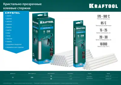 KRAFTOOL Cristal, 11 х 250 мм, 10 шт, кристально прозрачные, клеевые стержни (06846-10) наличный и безналичный расчет
