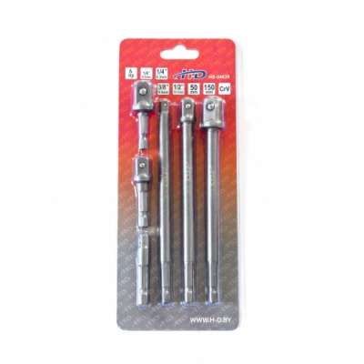 Переходник для шуруповерта с 1/4" HEX на квадрат 1/4", 3/8", 1/2", длина 50 и 150 мм, набор 6 пр. наличный и безналичный расчет